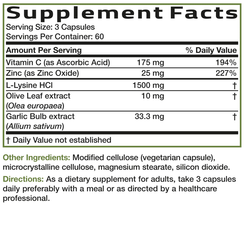Bronson L-Lysine Defense Immune Support Complex, 1500 mg, 180 Capsules | Essential Amino Acid with Olive Leaf, Garlic, Vitamin C & Zinc, Vegetarian, Non-GMO, Gluten-Free & Soy-Free 180 Count (Pack of 1)