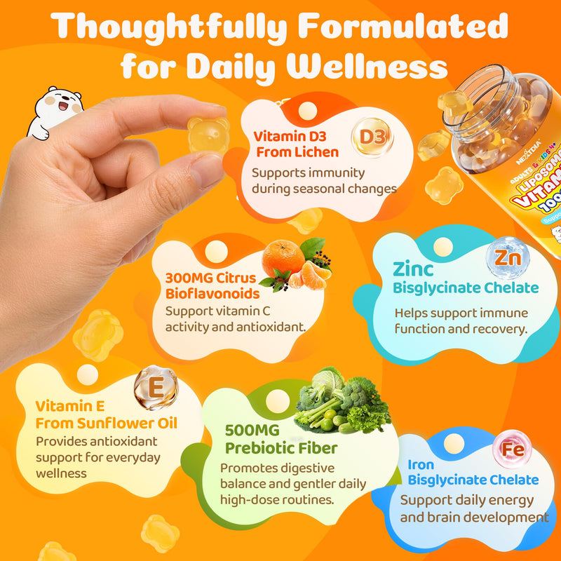 Liposomal Vitamin C Gummies 500mg 1000mg for Kids & Adults, Sugar Free | 3 Forms of Vitamin C + Zinc, D3, Iron, Gentle Buffered Chewable Vit C Supplement, Immune Support, High Absorption, 120 Count 60 Count (Pack of 2)