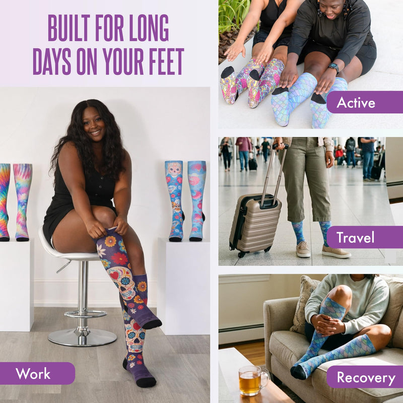 Crazy Compression Over-the-Calf Socks with Fun Designs Small-Medium Calavera Purple (Wide)
