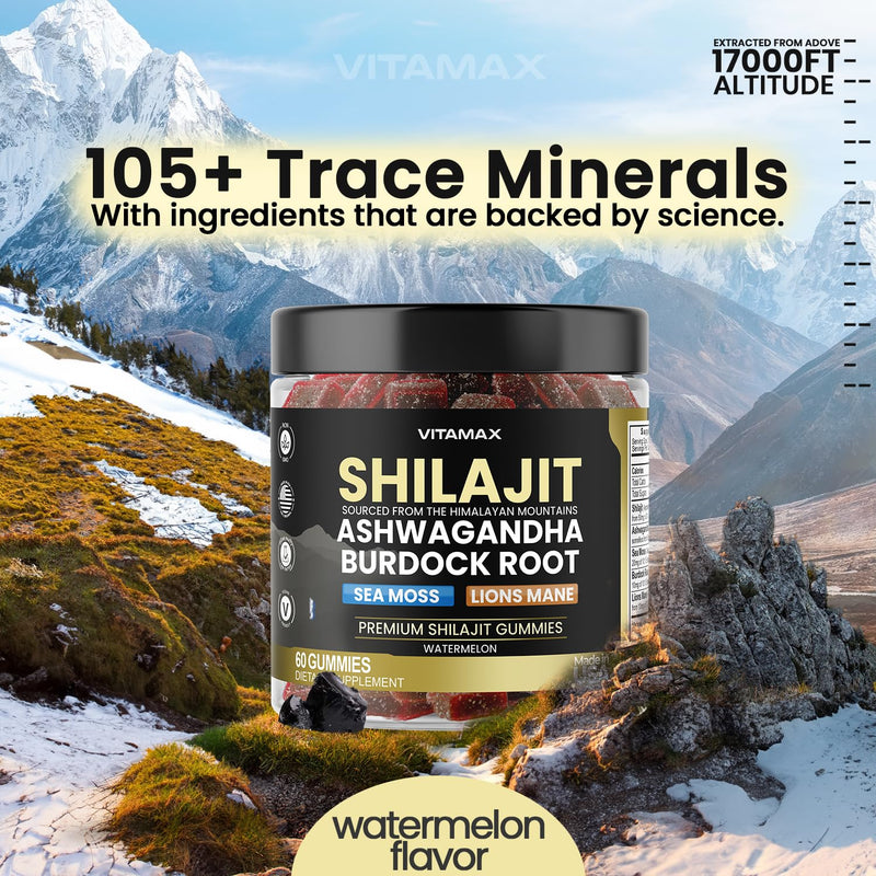 Pure Shilajit Gummies, Sea Moss, Ashwagandha, 105+ Trace Minerals – Organic Burdock Root & Lions Mane Mushroom – Watermelon Flavor - Vegan & Non-GMO – Made in USA – 60ct