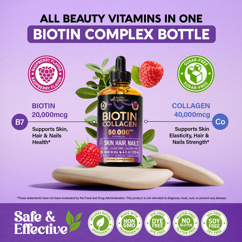 Liquid Biotin & Collagen 60,000mcg - Biotin for Hair Growth Support - 4 Oz | Liquid Collagen Supplement & Biotin - Extra Strength Drops for Women & Men - Strong Nails & Healthy Skin - Raspberry Flavor 4 Fl Oz (Pack of 1)