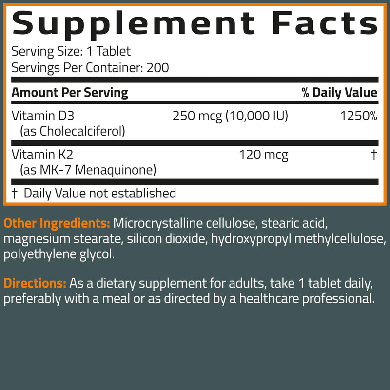 Bronson Vitamin K2 MK-7 + D3 10,000 IU Extra Strength, 200 Tablets | 120 mcg Vitamin K2 as MK-7 per Tablet, Bone Health Support, Non-GMO, Gluten-Free & Soy-Free 200 Count (Pack of 1)
