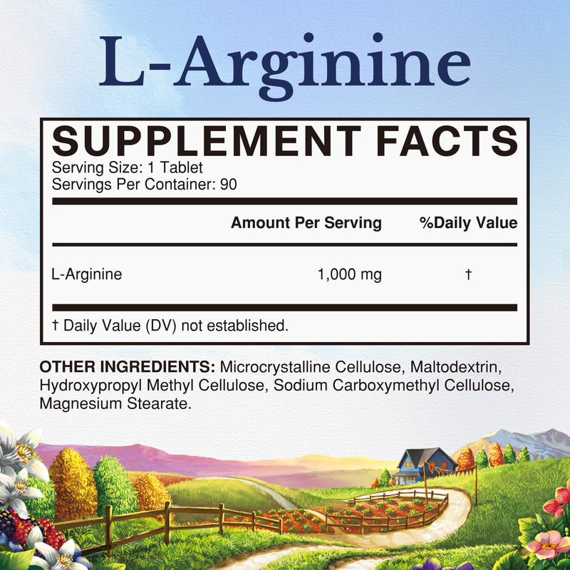 Vitalitown L-Arginine for Men & Women, 1000 mg, Nitric Oxide Booster Supplements, No Gluten, Non-GMO, Endurance, Workout, Blood Flow Support, 90 Tablets