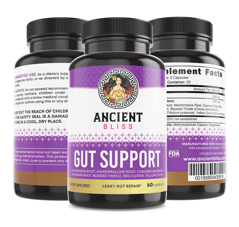 Ancient Bliss Leaky Gut Supplement, L Glutamine Capsules for Gut Support with Blessed Thistle and Hydrangea Root, Vegan and Non-GMO, 60 Capsules