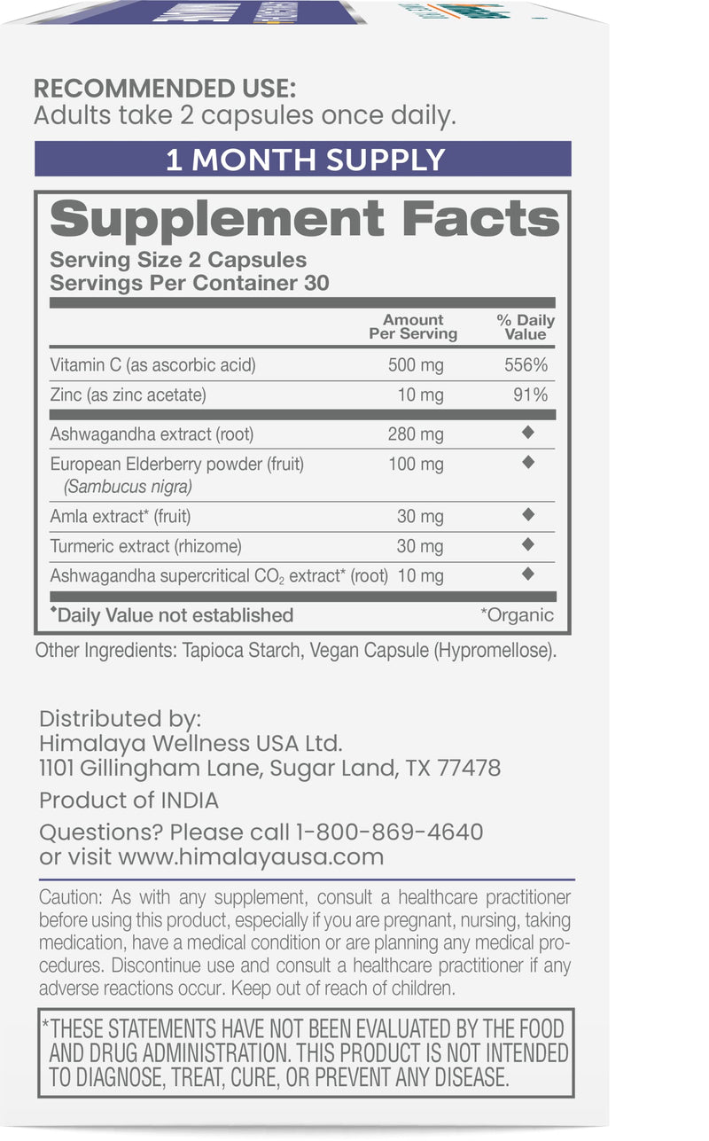 Himalaya Ashwagandha + Immune Herbal Supplement, 960 mg, 60 Capsules | Herbal Immune Support Supplement with Vitamin C, Zinc, Elderberry & Amla for Immunity - Vegan, Non-GMO, Gluten Free Ashwagandha+ Immune