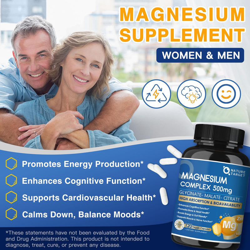 NATURE TARGET Triple Magnesium Complex 500mg, 120 Vegan Capsules | Chelated Glycinate, Malate, and Citrate with Zinc and Vitamin D3 for Muscle, Nerve, Bone, and Immune Support 120 Count (Pack of 1)
