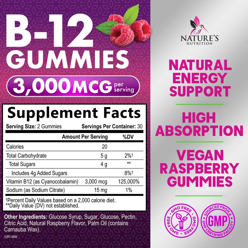 Vitamin B12 Energy Gummies - 3000 mcg per Serving Extra Strength B 12 Gummy for Metabolism, Immune Support - Chewable Dietary B-12 Supplements, Natural Caffeine Free Gummy, Berry Flavor - 60 Gummies 60 Count (Pack of 1)