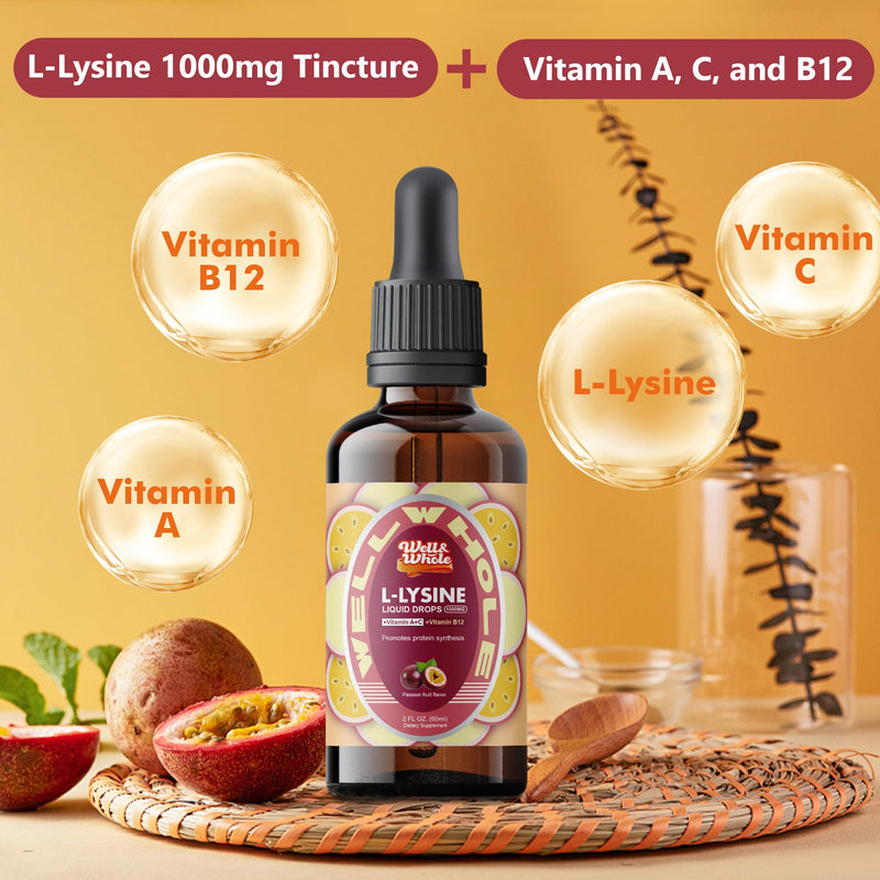 L-Lysine Supplement Liquid Drops | L-Lysine 1000mg Tincture with Vitamin A, C, and B12 for Adults & Kids | Immune Support, Skin & Lips Health, Collagen Synthesis | Non-GMO, Vegan, 4 Fl Oz (120 ML) 2 Fl Oz (Pack of 2)