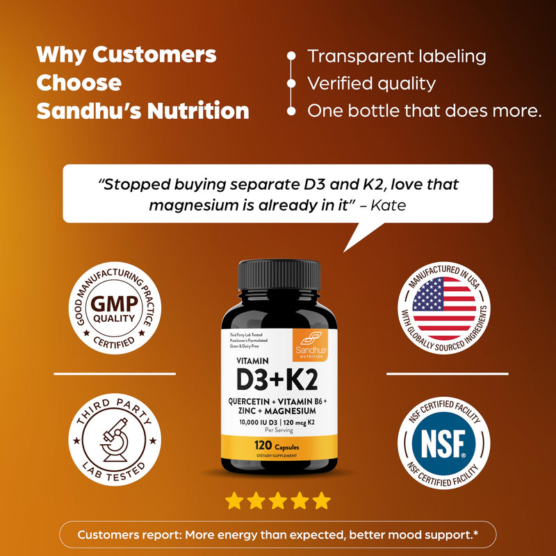 Vitamin D3 K2 10000 IU 120mcg Magnesium Zinc B6 Quercetin Capsules 360 Ct | 6-in-1 D3+K2 Supplements Supports Bone, Immune, Energy And Muscle Health, Gluten-Free, 12-Month Supply, USA Made by Sandhu's 120 Count (Pack of 3) 10000 IU Capsules