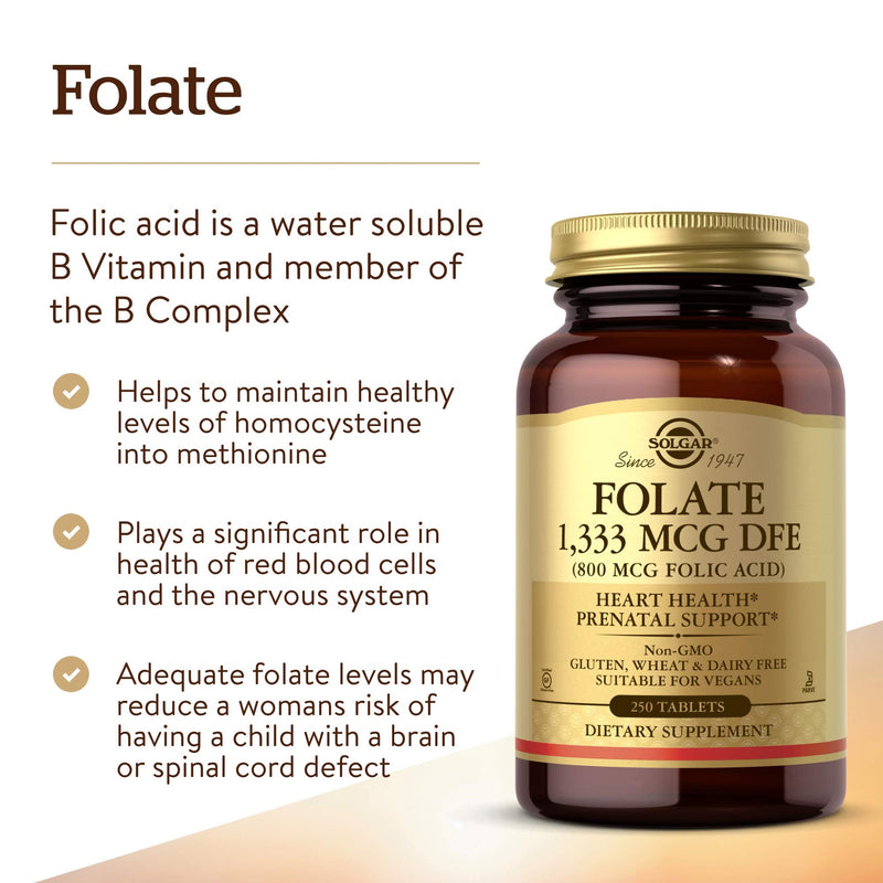 Solgar Folate 1,333 MCG Dietary Folate Equivalent, 250 Tablets | (800 MCG Folic Acid), Heart Health, Healthy Nervous System, Prenatal Support - Non-GMO, Vegan, Gluten Free, Dairy Free 250 Count (Pack of 1)