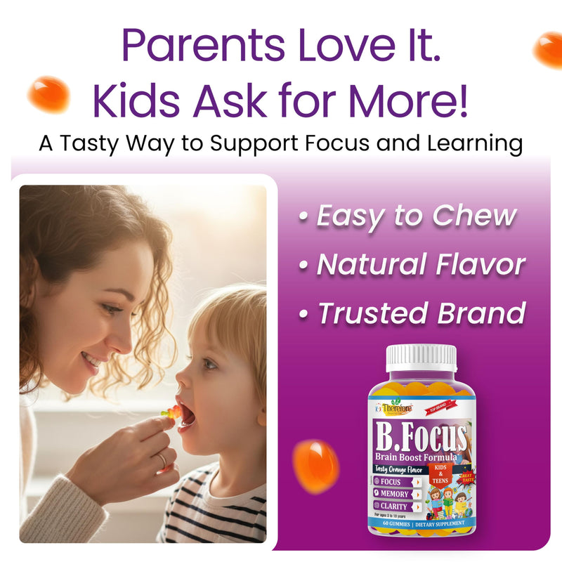 B.Focus Omega 3 for Kids & Teens, DHA Gummies, Kids Attention and Focus Supplement, Memory and Concentration Support, Children Gummies, Orange Flavor, 60 Count
