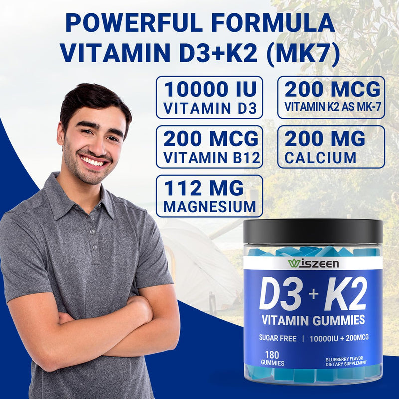 Vitamin D3 K2 Gummies, Vitamin D3 10000iu & Vitamin K2(MK7) 200mcg | Calcium, Magnesium, Vitamin B12 for Bone Muscle Teeth Immune, Vegan, Sugar-Free