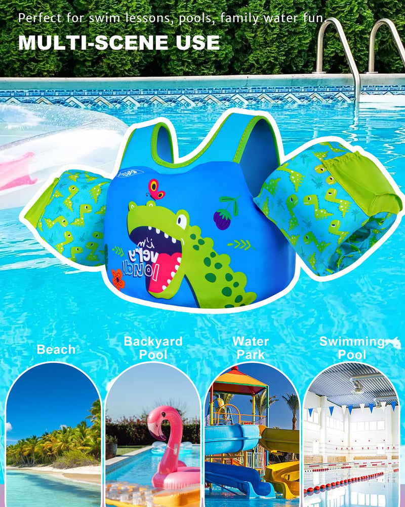 AEOCOO Puddle Float Jumper 20-30-50-60-70 Pounds, Toddler Swim Vest for 1-3-5-6-9 Years Old, Pool Floats with Swimming Arm Floaties Swim Jacket & Water Wings for Kids Swimmies, Boys, Girls, Niños Dinosaur Fit 3-5-6-9 Years, 30-50-60-70 lbs