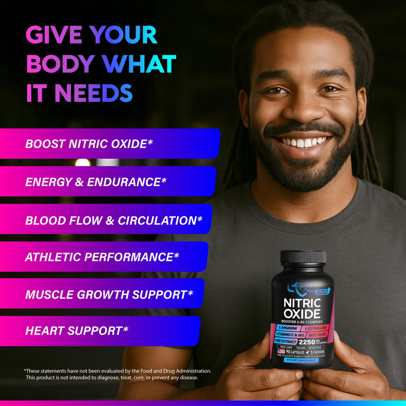 Nitric Oxide Booster 2250 mg - Muscles, Energy & Circulation - 90 Capsules | Nitric Oxide Supplement for Men & Women - Pine Bark | L-Arginine | L-Citrulline | Beet Root | Vitamin C & B12 - Lab Tested