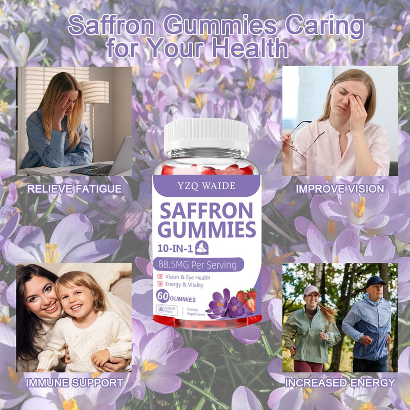 Saffron Gummies 88.5 mg for Kids & Adults with Magnesium 10-in-1 Saffron Supplements Vitamin D3, B6, Magnesium, Zinc, L-Theanine for Emotions Vision Sugar Free, Strawberry Flavor, 60 Count