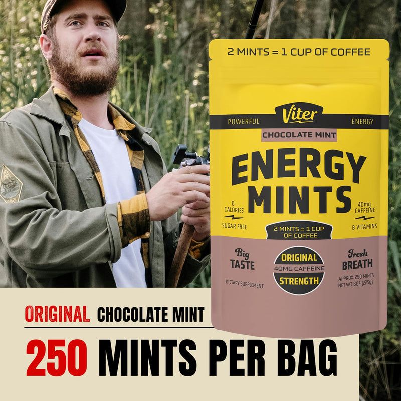 Viter Energy 40mg Caffeine Mints - Sugar Free, B Vitamins, Vegan, Boosts Fast Energized Alert Focus, Caffeinated Nootropic Supplement Pills (Chocolate Mint Flavor, 8oz, Bulk Bag) Chocolate Mint 250 Count (Pack of 1)