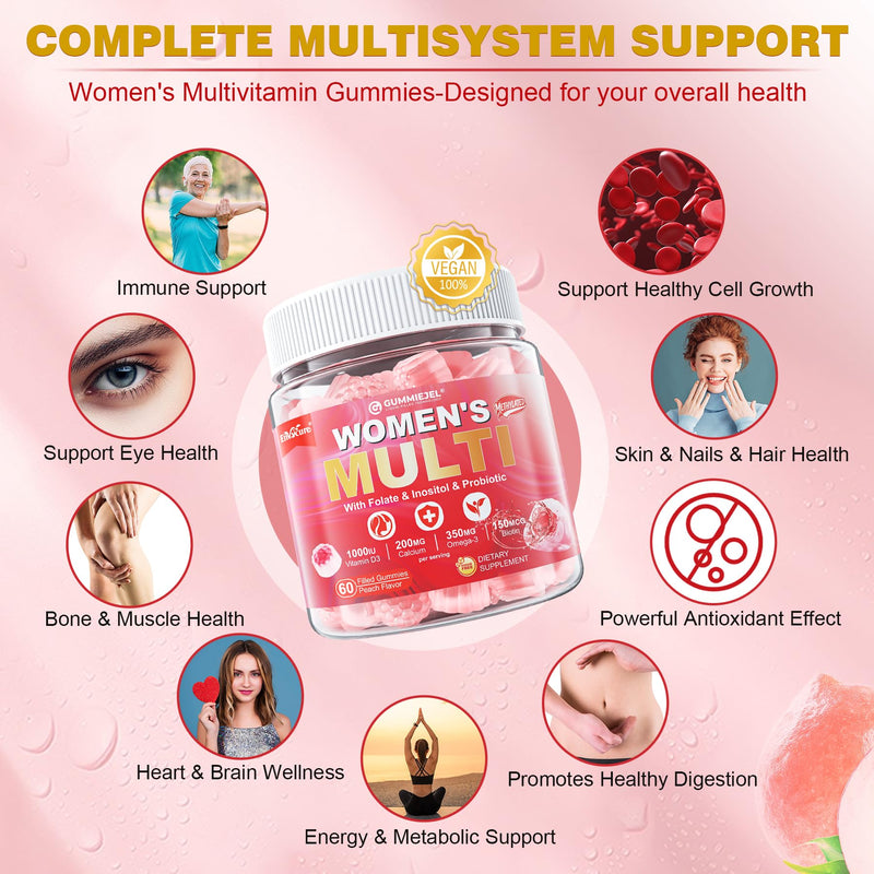 Women's Multivitamin Gummies-Methylated Multivitamin for Women with Omega-3 | Magnesium,Calcium, Enzymes,Probiotic & Antioxidant Blend to Support Overall Health, Immunity, Hair, Nails & Skin Health-2Pack 60 Count (Pack of 2)