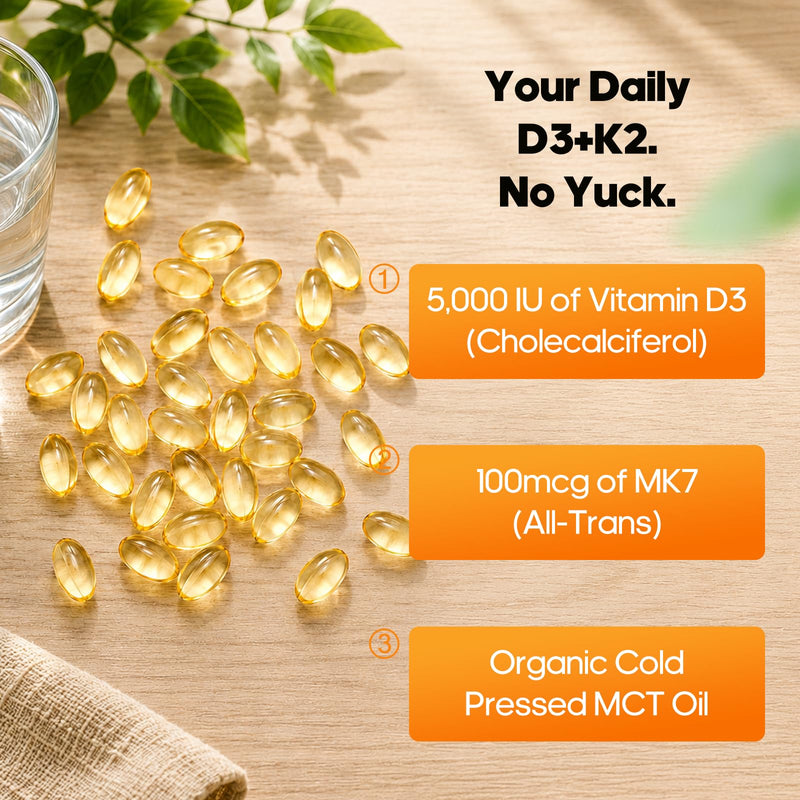 Vitamin D3 K2, Vitamin D3 5000 IU & Vitamin K2 All-Trans MK7 100 mcg | 2-in-1 K2 D3, Vitamin Supplement for Bone Health, Immune Support and Calcium Absorption, 90 Softgels