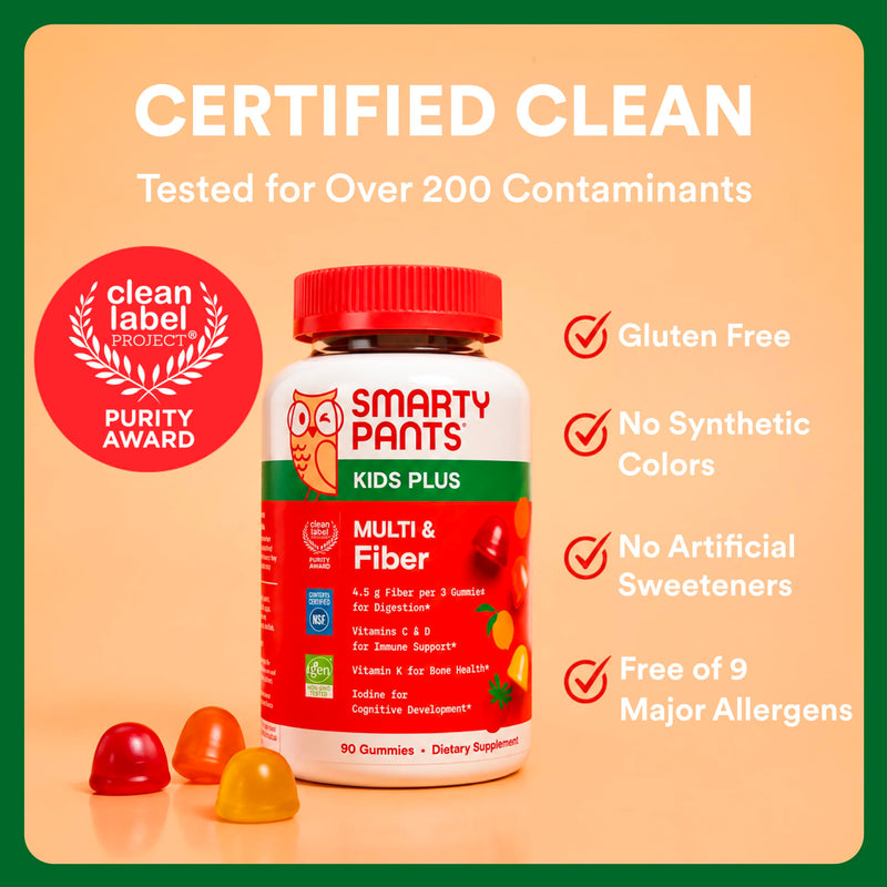 SmartyPants Kids Multivitamin & Fiber Gummies: Prebiotic Fiber to Support Kids Digestion with Vitamin D3, C, Vitamin B12, B6, A, Zinc, Biotin, Folate, Three Fruit Flavors, 90 Count (30 Day Supply) 90 Count (Pack of 1) Multi Fiber - 30 Day Supply