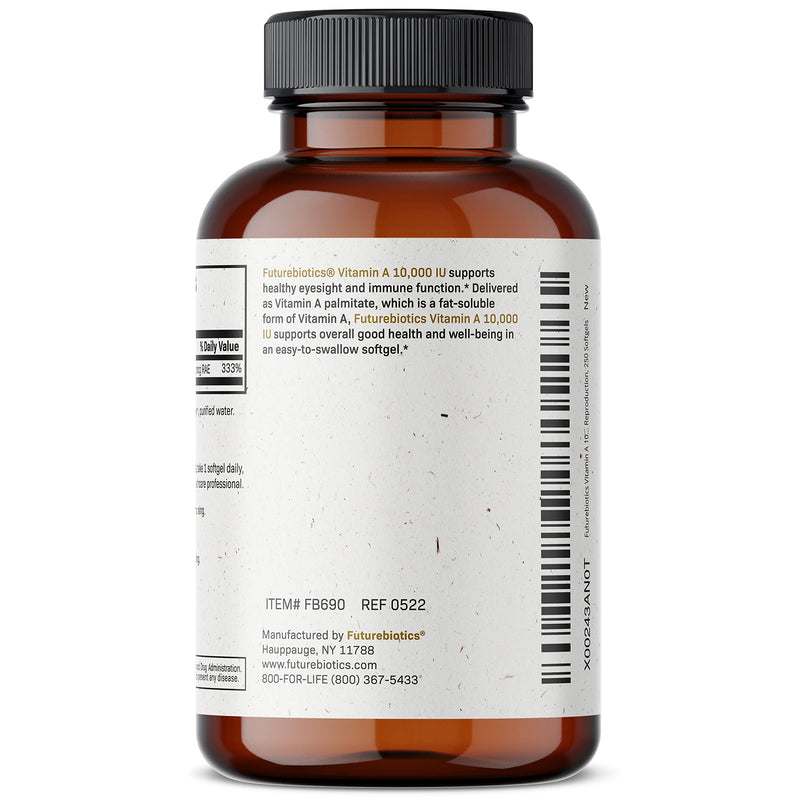 Futurebiotics Vitamin A 10,000 IU Premium Non-GMO Formula Supports Healthy Vision & Immune System and Healthy Growth & Reproduction, 250 Softgels - BeesActive Australia
