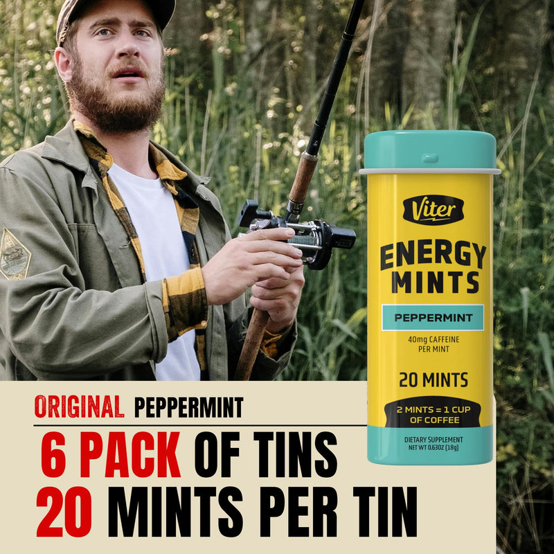 Viter Energy 40mg Caffeine Mints - Sugar Free, B Vitamins, Vegan, Boosts Fast Energized Alert Focus, Caffeinated Nootropic Supplement Pills (Peppermint Flavor, 20pcs, 6 Pack, 120pcs Total) Peppermint 20 Count (Pack of 6)