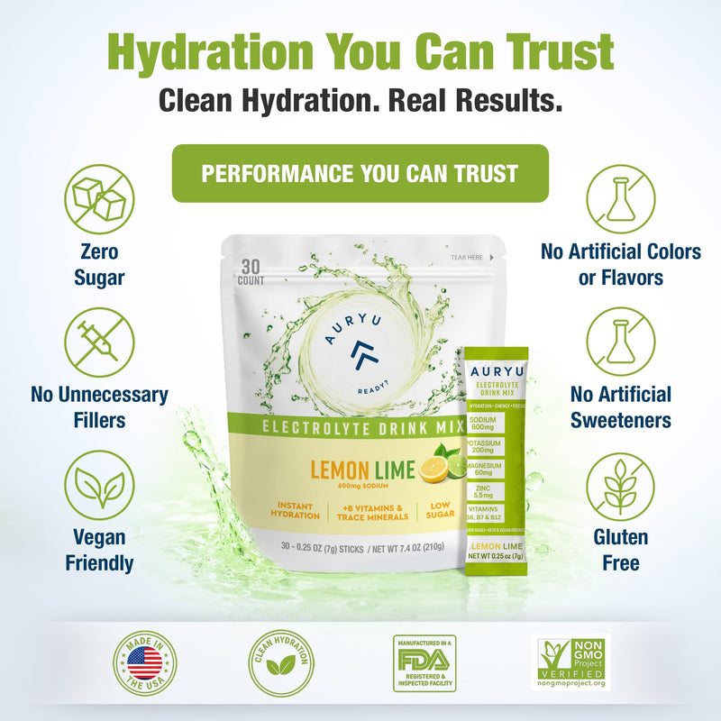 Electrolytes Powder Packets - Lemon Lime Hydration Drink Mix, Sugar Free Electrolyte Powder with B Vitamins & Essential Minerals, Keto Electrolytes for Sports & Daily Wellness, 30 Stick Packs Lemon-Lime