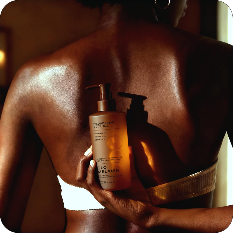 Glo Melanin Brightening Body Oil – Topical Moisturizer with Vitamin C, Kojic Acid & Turmeric – Lightweight Hydrating Cosmetic Oil for Melanin-Rich Skin (8 oz / 230 ml) | For Dark spots - Hyperpigmentation - Dull and Dry Skin, Topical Moisturizer with V...