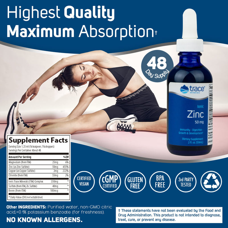 Trace Minerals | Liquid Ionic Zinc | 50 mg Zinc with Magnesium | Supports Immune System, Digestion, Growth, & Development | for Kids and Adults | 45 servings, 2 fl oz (1 Pack) Unflavored 2 Fl Oz (Pack of 1) - BeesActive Australia