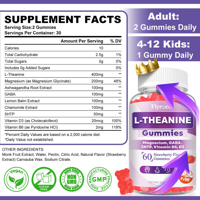 2 Pack L-Theanine Gummies, L Theanine Supplement for Adults & Kids, L'Theanine with Ashwagandha, Magnesium, 5HTP & GABA - Support Calm, Relax, zzZ, Focus, Vegan Strawberry Flavor, 120 Count 60 Count (Pack of 2)