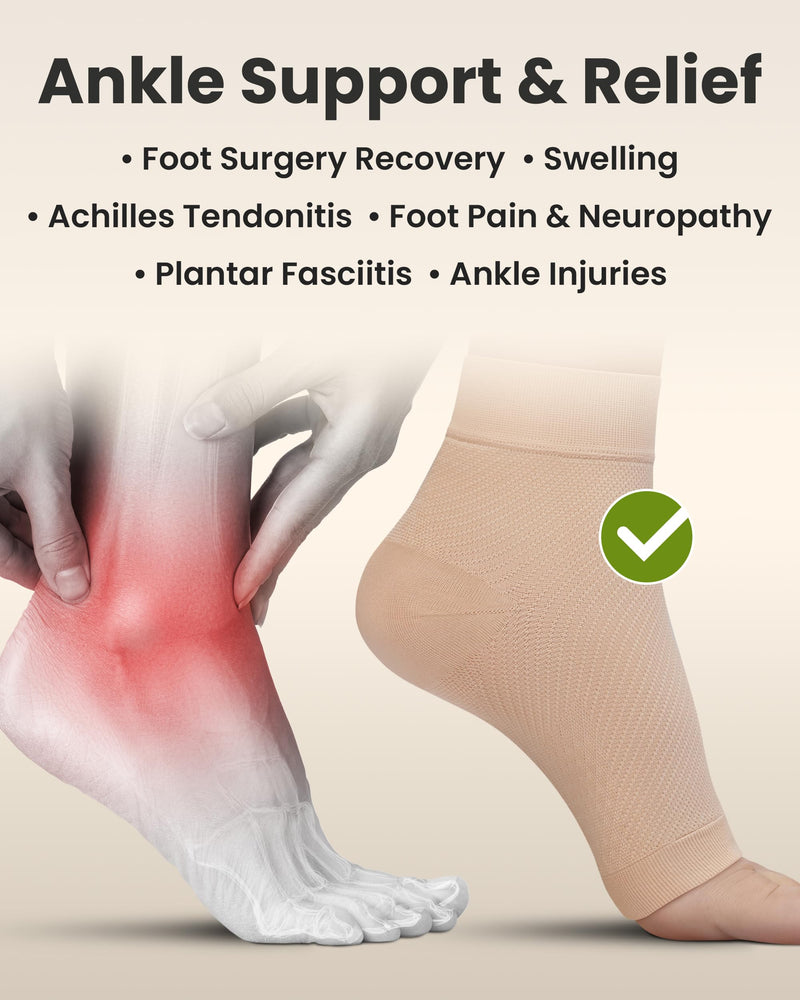 KEMFORD Ankle Compression Sleeve - 1-Pair, Plantar Fasciitis Braces - Open Toe Compression Socks for Swelling, Sprain, Neuropathy, Arch Support for Men and Women X-Large Beige / 15-20mmHg / 1 Pair - BeesActive Australia