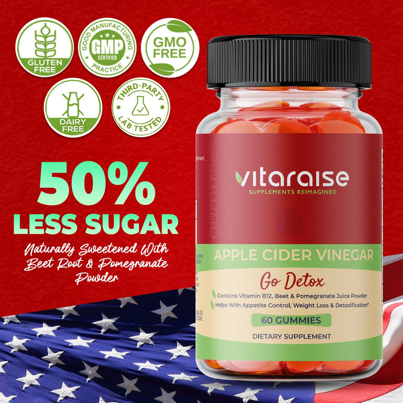 Apple Cider Vinegar Gummies with Mother, B9 & B12, ACV Weight Loss, 60 Ct | Keto Gummies, Detox & Digestion Support, Metabolism Booster, Non-GMO, Vegan, Gluten-Free, Beetroot & Pomegranate, 1000mg