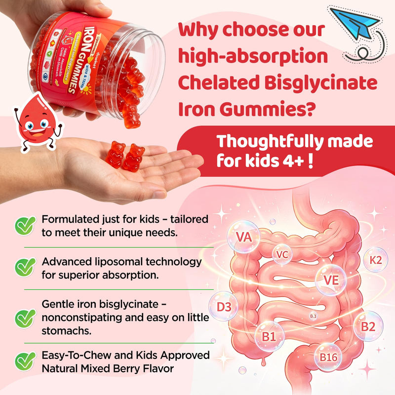 duwhot Iron Gummies for Kids Teens, Gentle Iron Bisglycinate with Vitamin C | Chewable Iron Supplement plus Multivitamins, Minerals & More, Energy, Immunity & Blood Support, Sugar Free, Vegan, 60 Chews