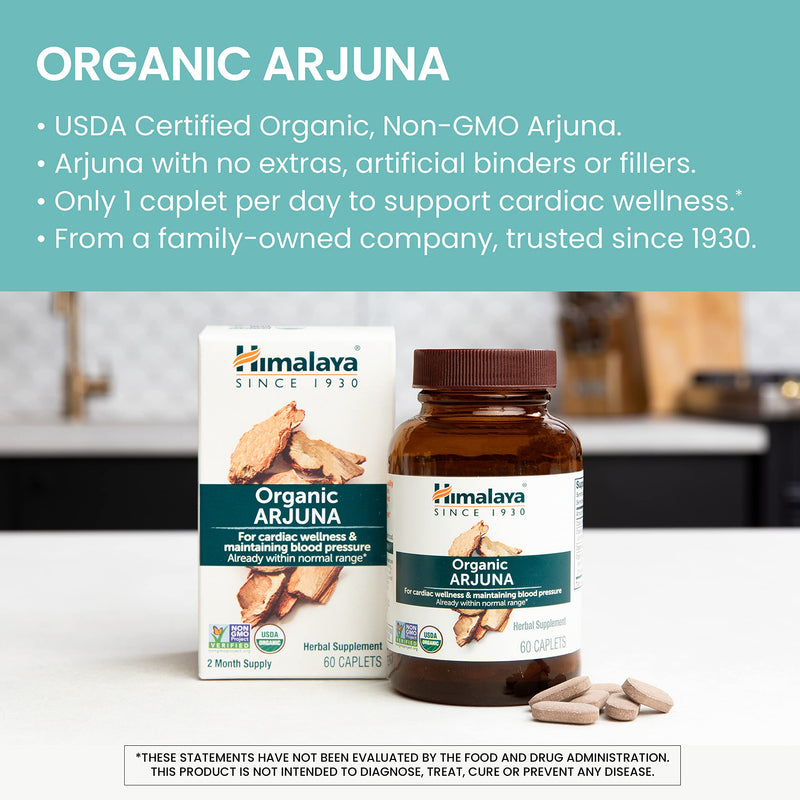 Himalaya Organic Arjuna, 60 Day Supply - Herbal Supplement Supporting Heart Health and Normal Blood Pressure - USDA Organic, Vegan, Non-GMO, Gluten Free, 700 mg, 60 Caplets 1 - BeesActive Australia