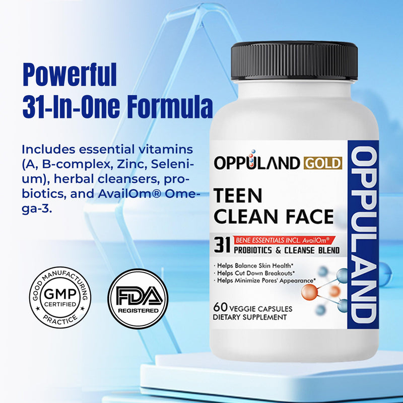 Teen Clean Face - Probiotics & Cleanse Blend - Balances Skin Health for Teen - Gut Support Supplement – Daily Synbiotic with Prebiotics, Zinc, Omega-3 & Herbal Cleansers – 30 Days Supply
