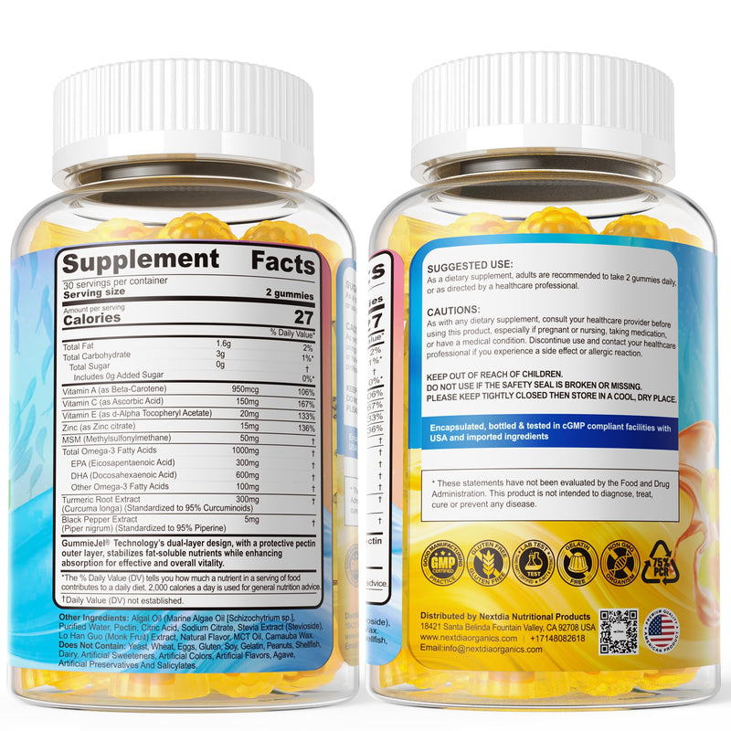 Vegan Omega-3 Gummies 1000mg + Turmeric - Omega 3 Fish Oil Alternative for Adults - Algae DHA 600mg & EPA 300mg, Vitamins A, C, E, Zinc & MSM, Sugar Free, 60 Cts 60 Count (Pack of 1) - BeesActive Australia