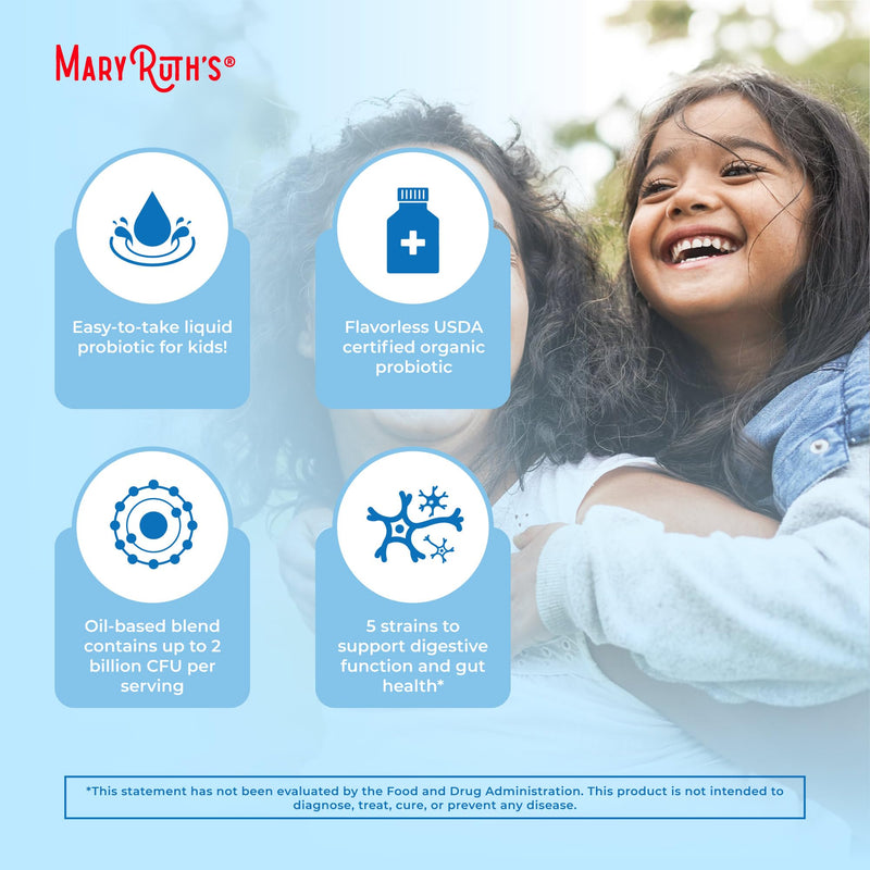 MARYRUTH'S Kids Probiotic Liquid Drops, Ages 4+, Gut Health, Immunity, 1 Oz | USDA Organic, Digestive Health, Ages 4+ Gut Health & Immune Support, Vegan, Non-GMO, 1 Fl Oz