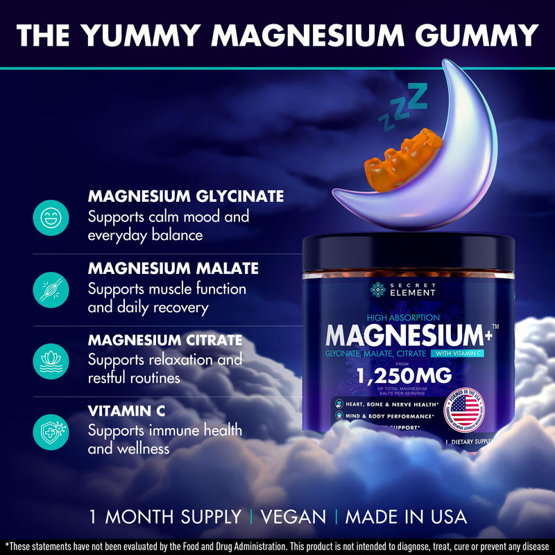 Secret Element Magnesium Glycinate 1250MG Gummies, High Absorption Magnesium Glycinate, Citrate & Malate, with Vitamin C, Sugar-Free, Vegan, Chews for Men & Women, 60 Gummies, Wild Orange Flavor 60 Count (Pack of 1)