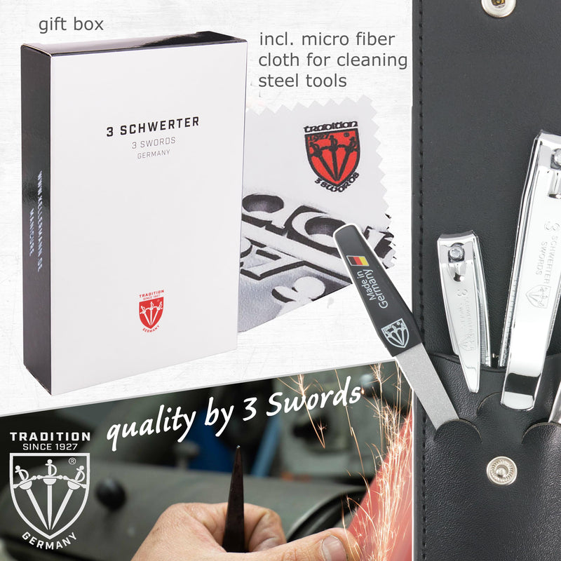 3 Swords Germany - Brand Quality 4 Piece Manicure Pedicure Grooming kit Set for Professional Finger & Toe Nail Care Tweezers File Clipper Fashion Leather case in Gift Box, Made by 3 Swords (77211) Black