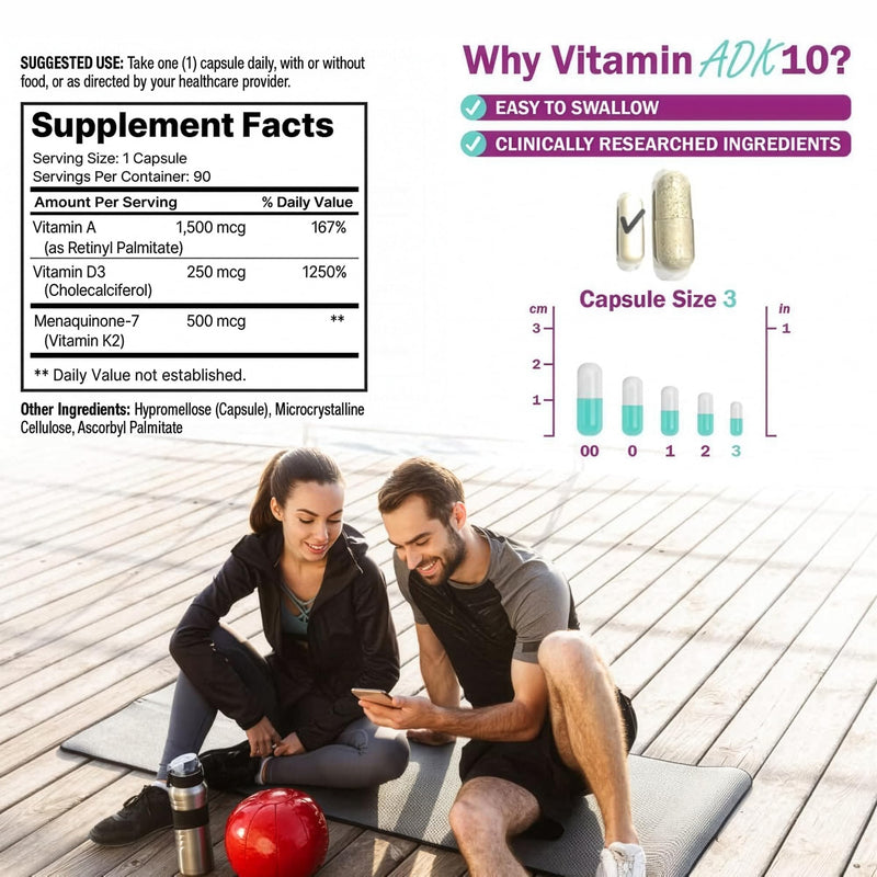 NatureGenX ADK10 – Vitamins A, D3 250 mcg & K2 MK-7 for Bone, Heart & Immune Health – Non-GMO, Gluten-Free, Soy-Free – 90 Capsules (3-Month Supply) | For Bone, Heart & Immune Health - Non-GMO, Gluten-Free, Soy-Free - 90 Capsules (3-Month Supply)