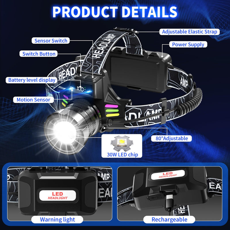 Rechargeable Headlamp 2 Pack, 3500 Lumens Bright Headlight for Adults with 7 Modes, Motion Sensor & Digital Display Waterproof for Camping, Hiking, Running, Luminous Strip Black - BeesActive Australia