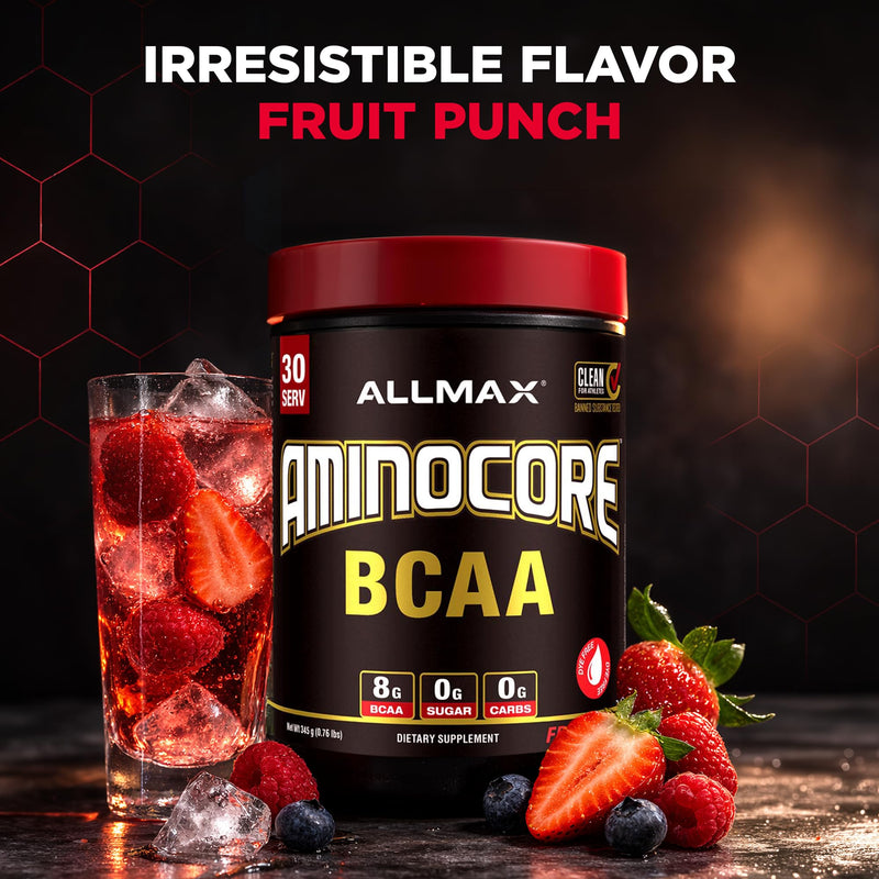 ALLMAX AMINOCORE BCAA Powder, Fruit Punch, 30 Servings, 345 g | Supports Muscle Recovery, Promotes Lean Muscle Growth, 8.18g BCAAs, 9:6:5 Ratio, Zero Sugar
