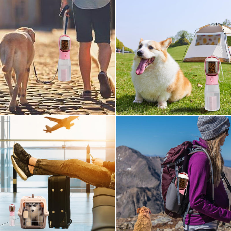 Dog Water Bottle with Filter, Portable Travel Dog Water Dispenser with Food Container & Dog Poop Bags Rolls, Leak Proof, Machine-Wash, Food Grade Plastic - Cycling & Long Flight (Pink, 20 oz) Pink - BeesActive Australia