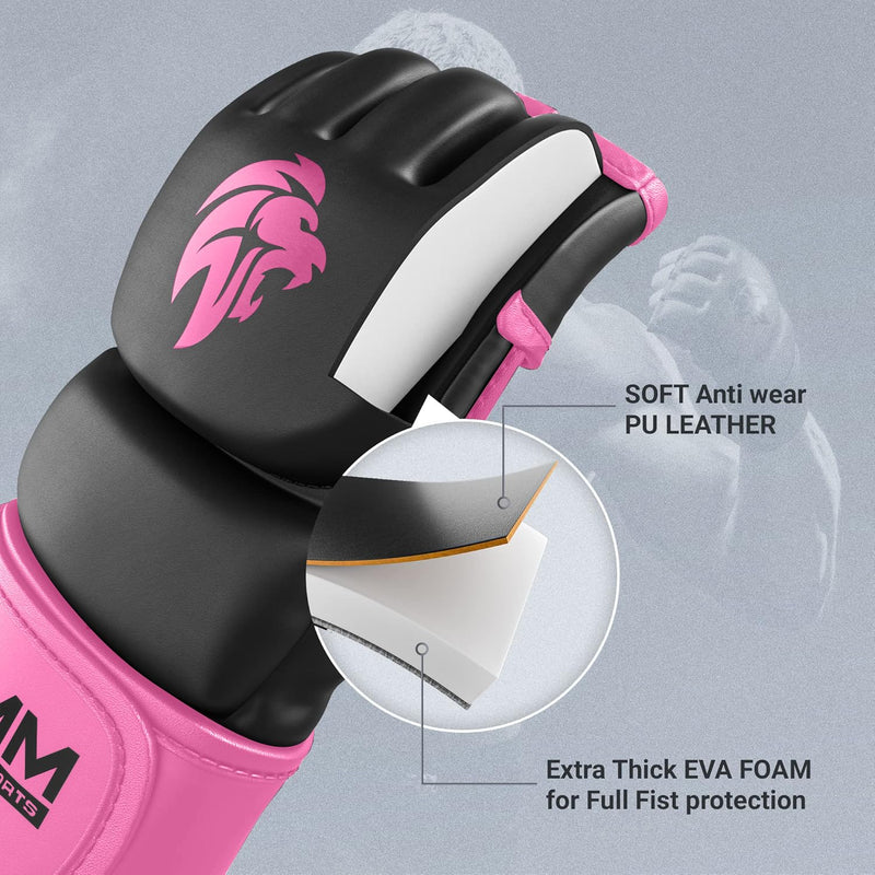 MMA Gloves - for Men & Women - MAXForce EVE Anti-Injury Shock Absorb Boxing Gloves Kickboxing Gloves - Half Finger, Open Palm for Muay Thai, Sparring, Punching Bag Pink Large/XLarge - BeesActive Australia