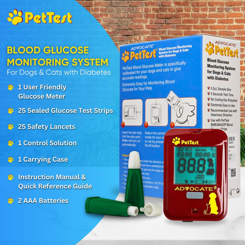 PetTest Beginner Glucose Monitoring Kit for Dogs & Cats, Diabetic Pet Blood Sugar Check Gear, Includes Classic Meter, 25 Test Strips, 25 Safety Lancets, Soft Carrying Case, and More Classic Meter Beginner Kit