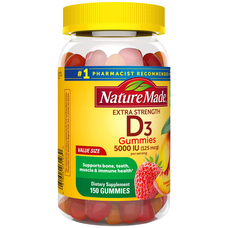 Nature Made Extra Strength Vitamin D3 5000 IU (125 mcg) per serving, Dietary Supplement for Bone, Teeth, Muscle and Immune Health Support, 150 Gummies, 75 Day Supply Strawberry, Peach, Mango 150 Count (Pack of 1) - BeesActive Australia