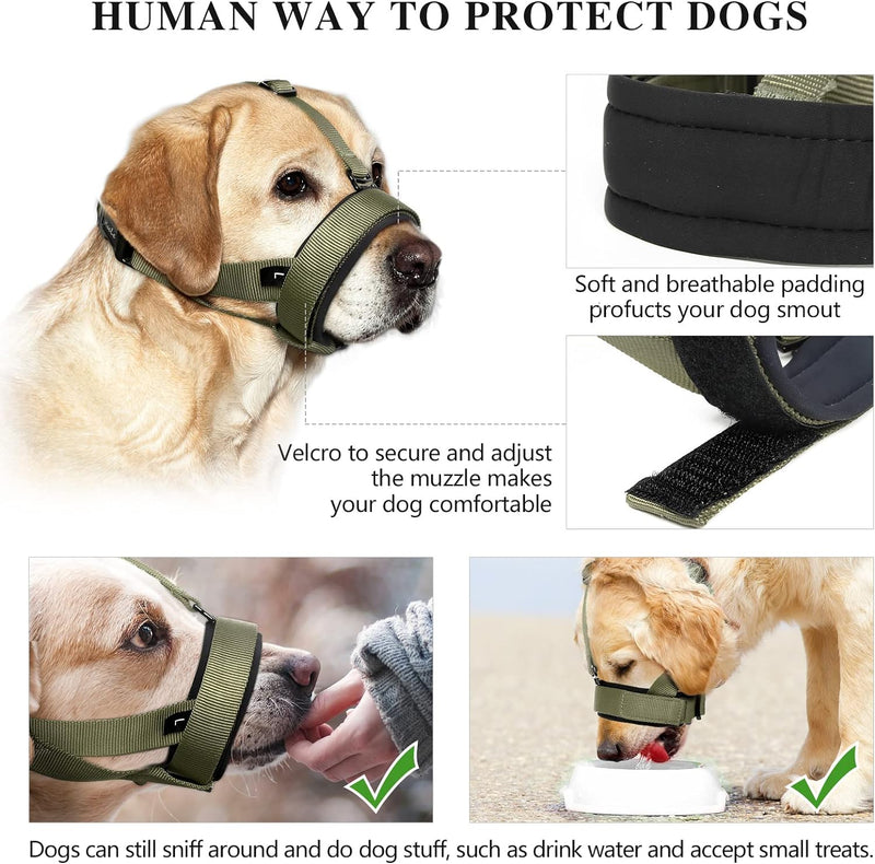 HEELE Dog Muzzle, Circles Soft Comfortable Neoprene Padding Muzzles for Small Medium Large Dogs, Prevent Biting, Licking, and Chewing, Protection with Adjustable Bonus Connection Strap Army Green - BeesActive Australia