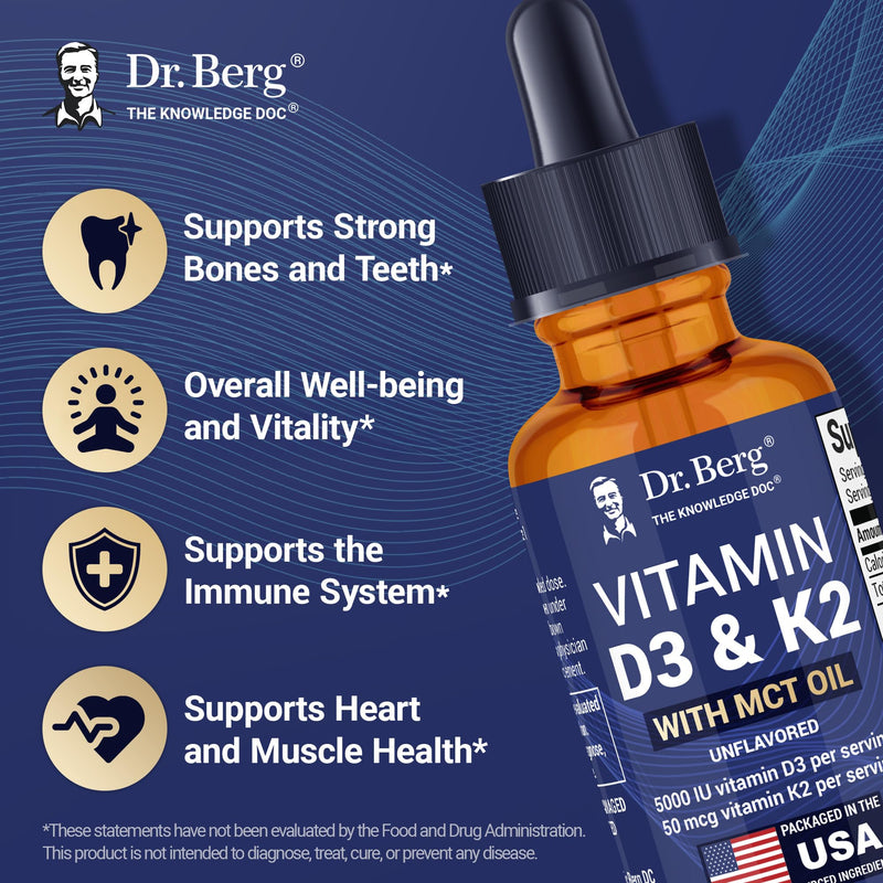 Dr. Berg Maximum Strength Vitamin D3 K2 Liquid Drops with MCT Oil – 5,000 IU Liquid Vitamin D3 with K2 – Supports Strong Bones, Heart, Energy, Immunity, and Overall Vitality* - Unflavored 1 Fl Oz