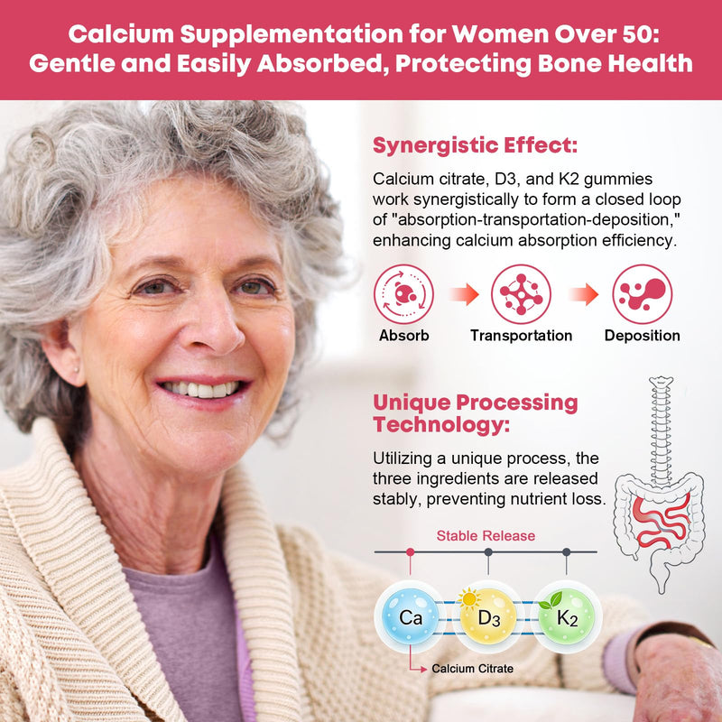 (2 Pack) Calcium Citrate with Vitamin D3 Gummies for Women 50 Plus - Bones, Teeth, Immune Support, 1200mg Calcium Citrate Gummies with Vitamin D3 K2, Vegan, Sugar-Free, White Peach Flavor, 120 Count