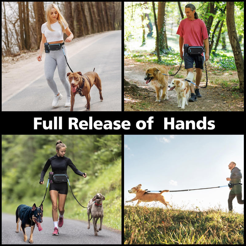 Hands Free Dog Leash 2 Dogs, Adjustable Waist Leash for Dog Walking with Dual Bungees Padded Handle, Shock Absorbing Hands Free for Small Medium-Sized Dogs Outdoor Activities, Black+Blue 2 Leashes - BeesActive Australia