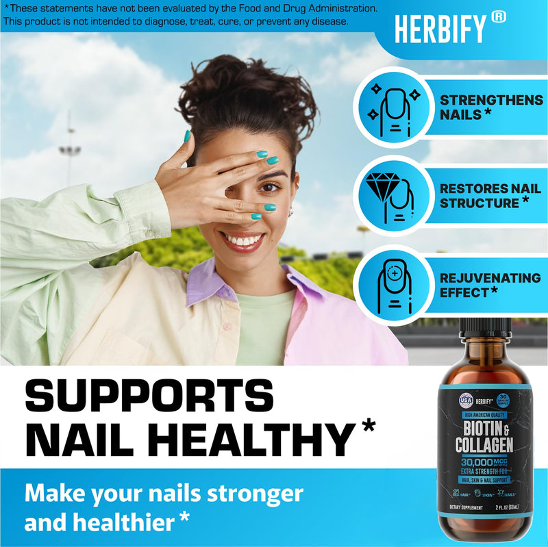 HERBIFY Liquid Biotin and Collagen Drops for Women & Men, 30 Days of Supply - Support Hair, Skin & Nails - Liquid Collagen for Women - 2 FL Oz Made in USA 2 FL Oz Unflavored